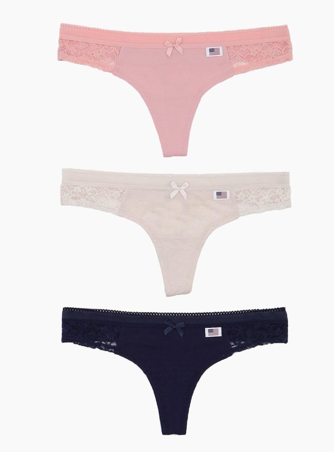 USPA 3 Pack Cotton with Lace Trim Thong Best Seller