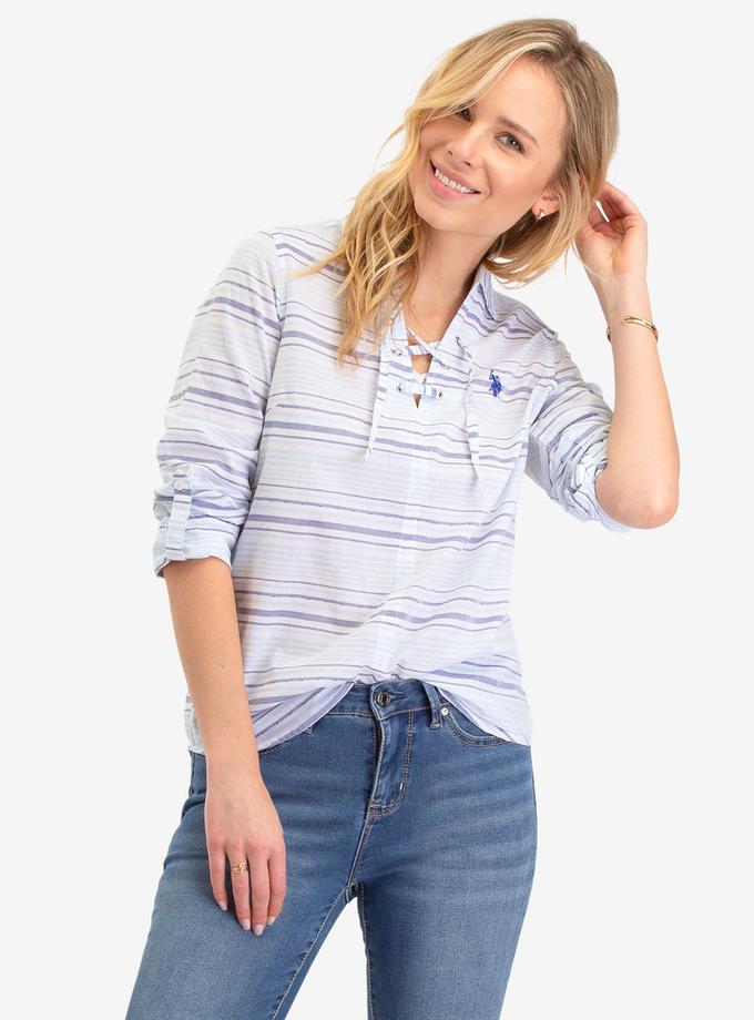 USPA BLUE STRIPED LACE BACK LONG SLEEVE SHIRT Best Price