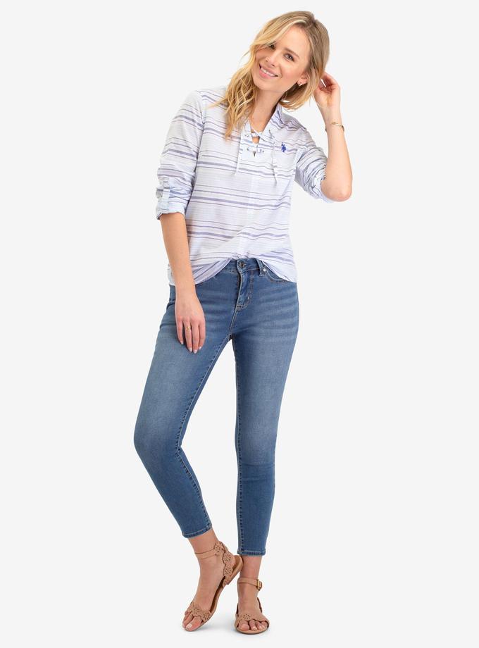 USPA BLUE STRIPED LACE BACK LONG SLEEVE SHIRT Best Price