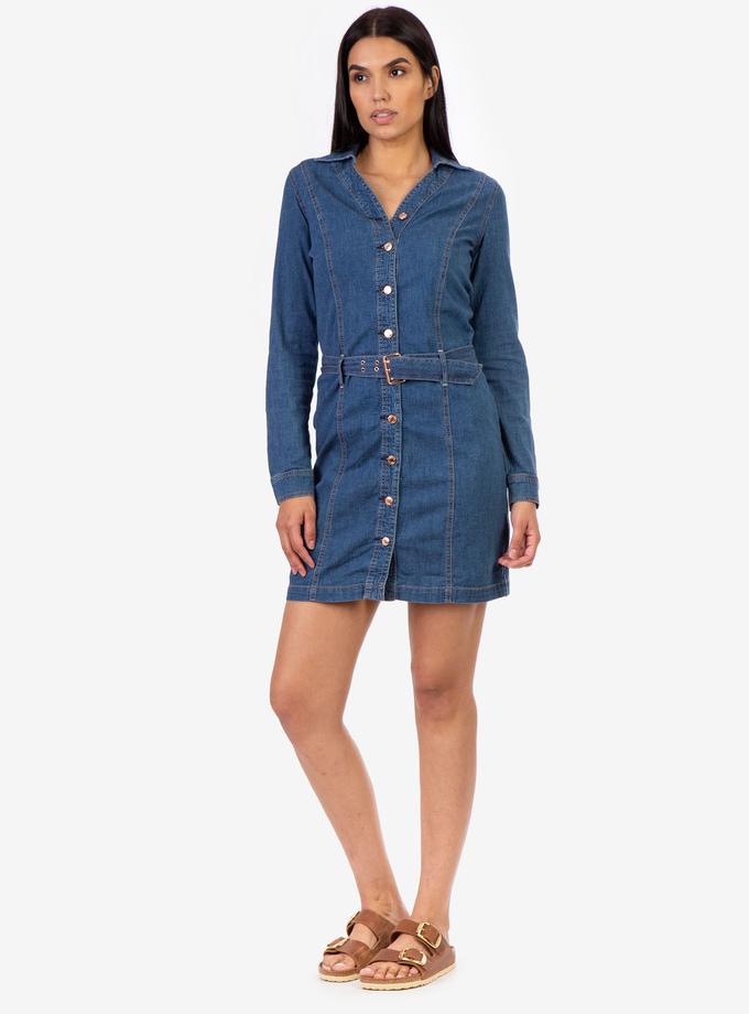 USPA BUTTON FRONT BELTED DENIM DRESS Best Seller