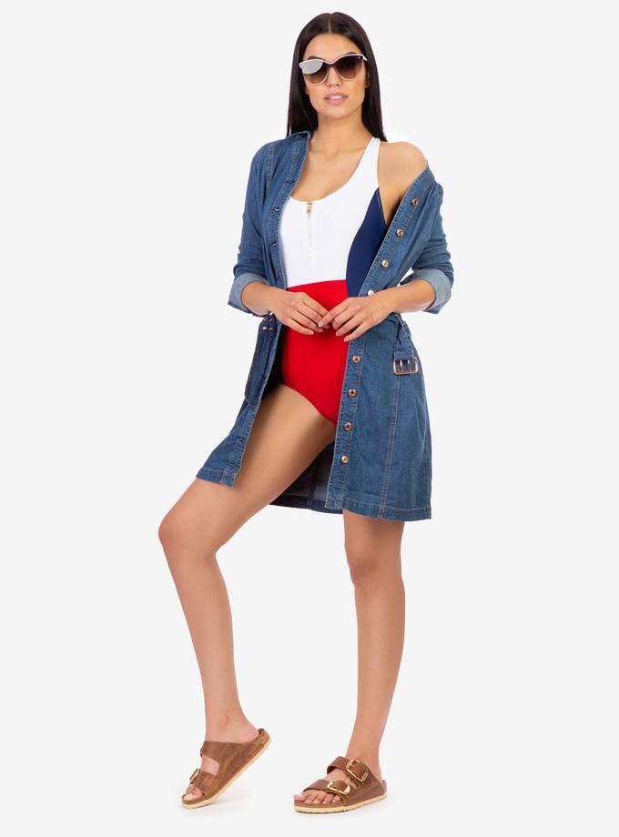 USPA BUTTON FRONT BELTED DENIM DRESS Best Seller