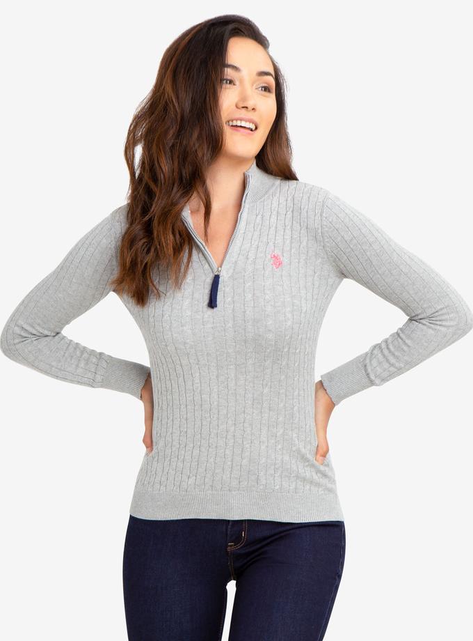 USPA CABLE KNIT SWEATER WITH QUARTER ZIP High Quality