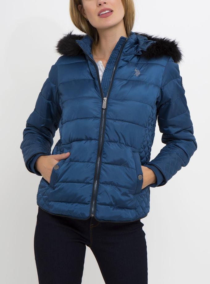 USPA FAUX FUR HOOD MULTI QUILT PUFFER JACKET For Sale