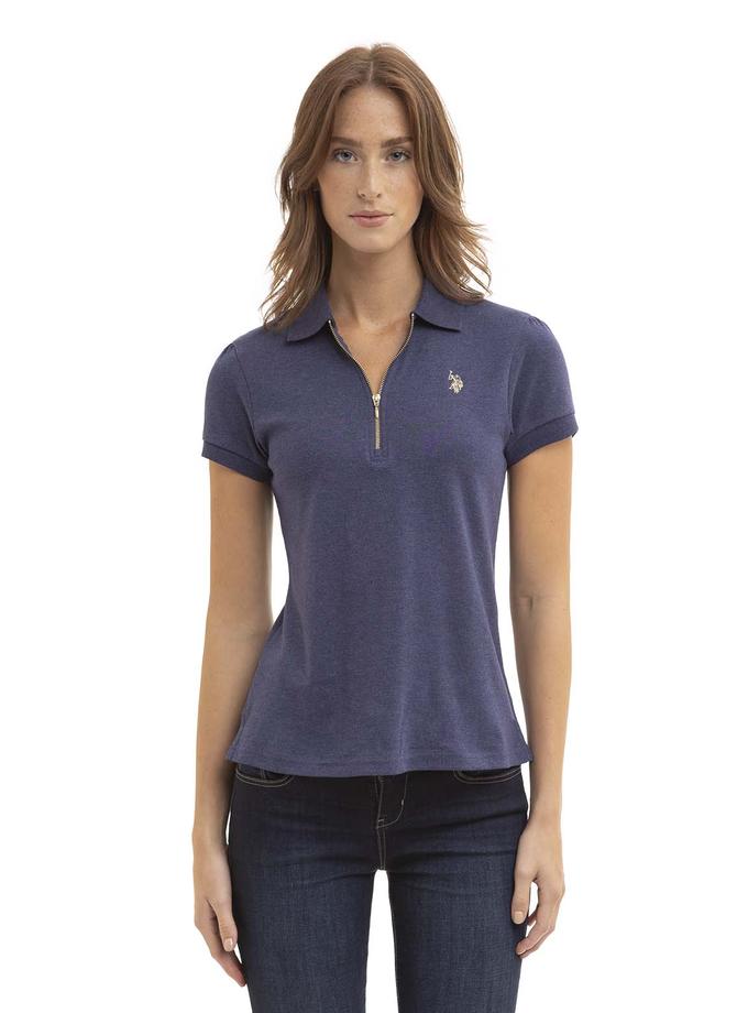 USPA HALF ZIP PUFF SLEEVE HEATHER POLO SHIRT On Sale