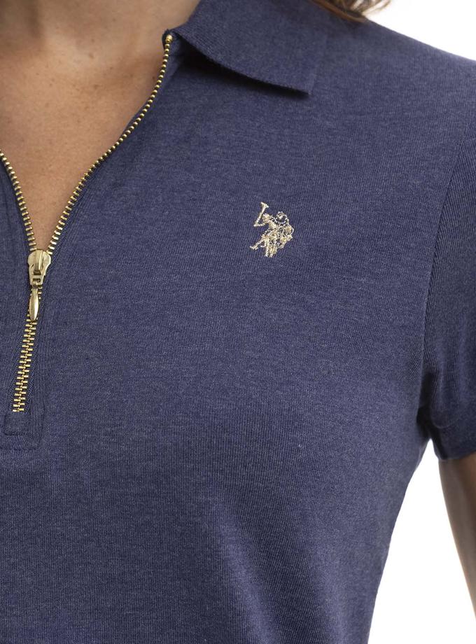 USPA HALF ZIP PUFF SLEEVE HEATHER POLO SHIRT On Sale