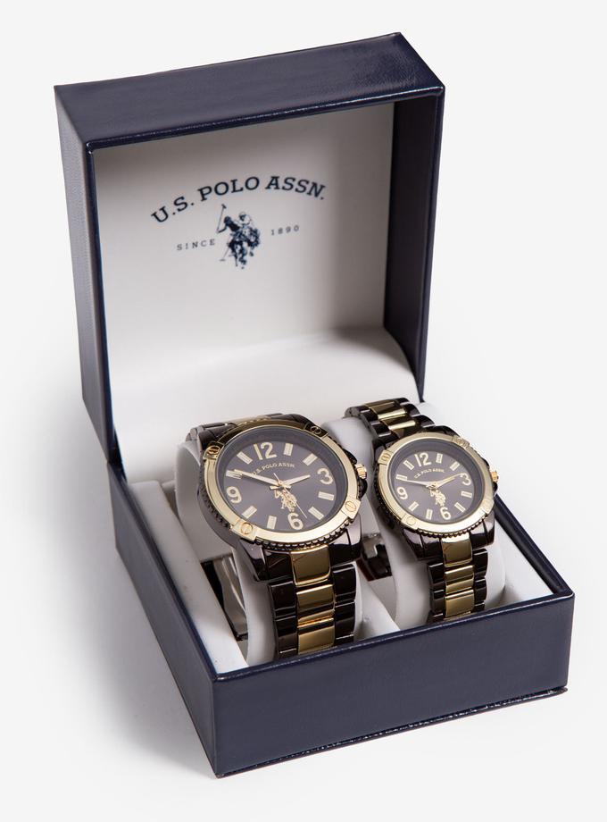 USPA HIS AND HER'S BLACK AND GOLD BRACELET WATCH SET High Quality