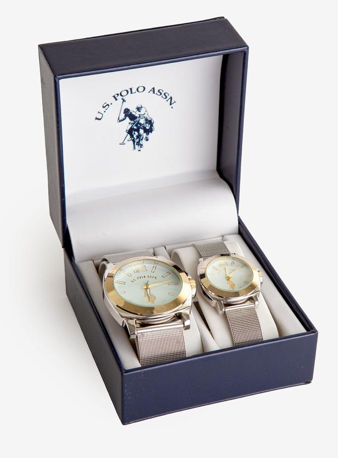 USPA HIS AND HER'S MESH STRAP WITH GOLD BEZEL WATCH SET New Arrival