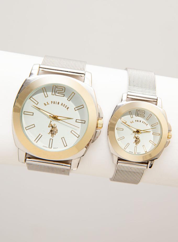 USPA HIS AND HER'S MESH STRAP WITH GOLD BEZEL WATCH SET New Arrival