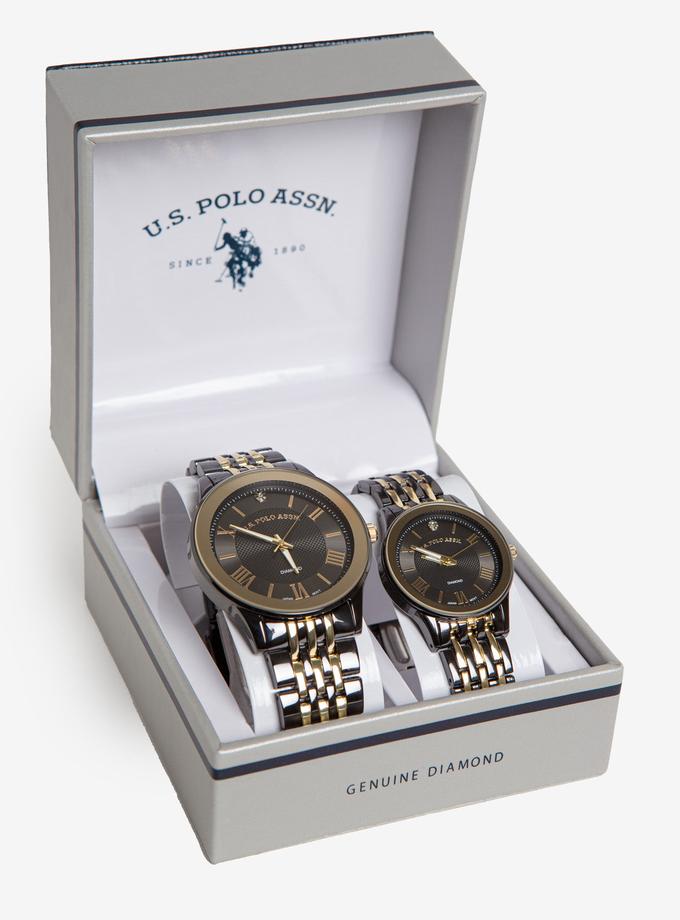 USPA HIS AND HERS BLACK AND GOLD DIAMOND WATCH SET High Quality