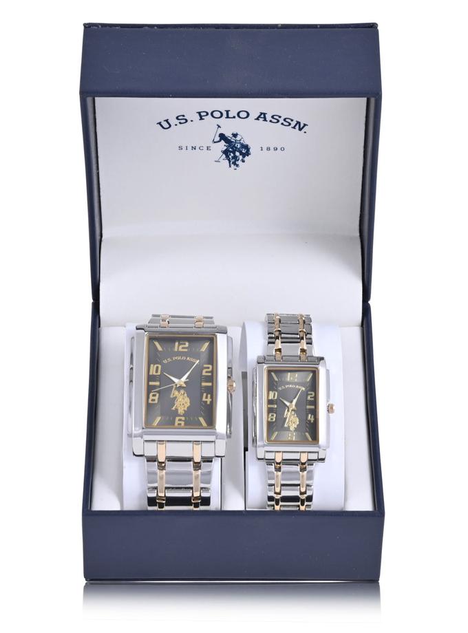 USPA HIS AND HERS BLACK AND GOLD TWO TONE WATCH SET Same Day Delivery