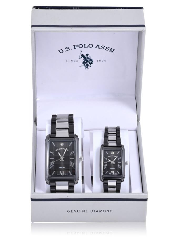 USPA HIS AND HERS BLACK AND SILVER DIAMOND WATCH SET For Sale