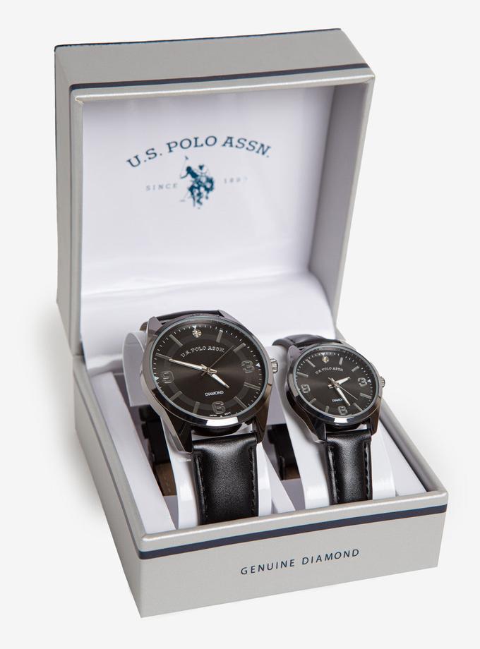 USPA HIS AND HERS BLACK STRAP DIAMOND WATCH SET Best Buy