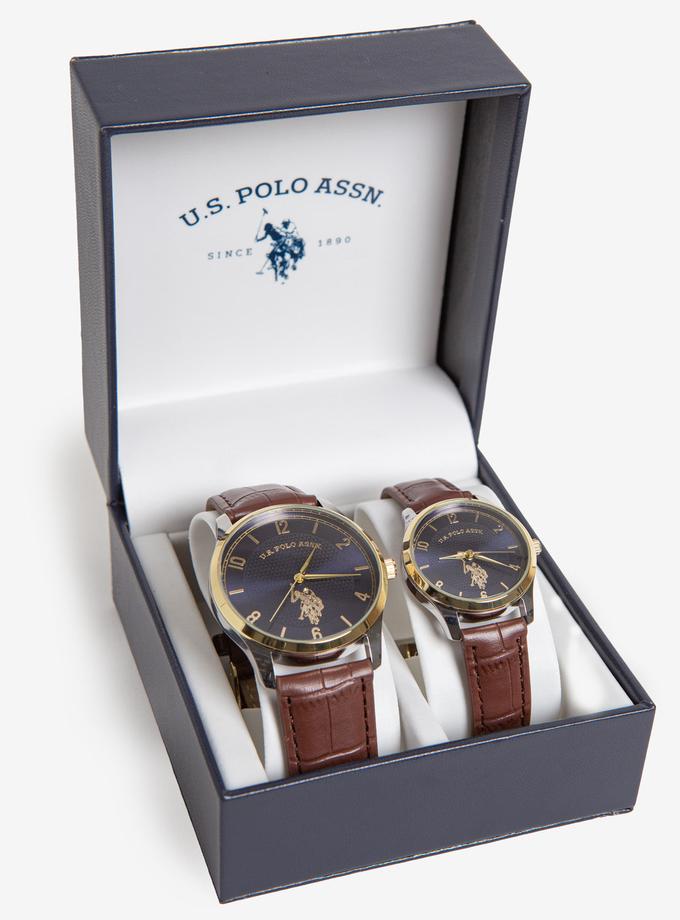 USPA HIS AND HERS BROWN STRAP BLUE DIAL WATCH SET Best Buy