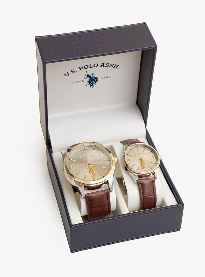 USPA HIS AND HERS BROWN STRAP WATCH SET For Sale