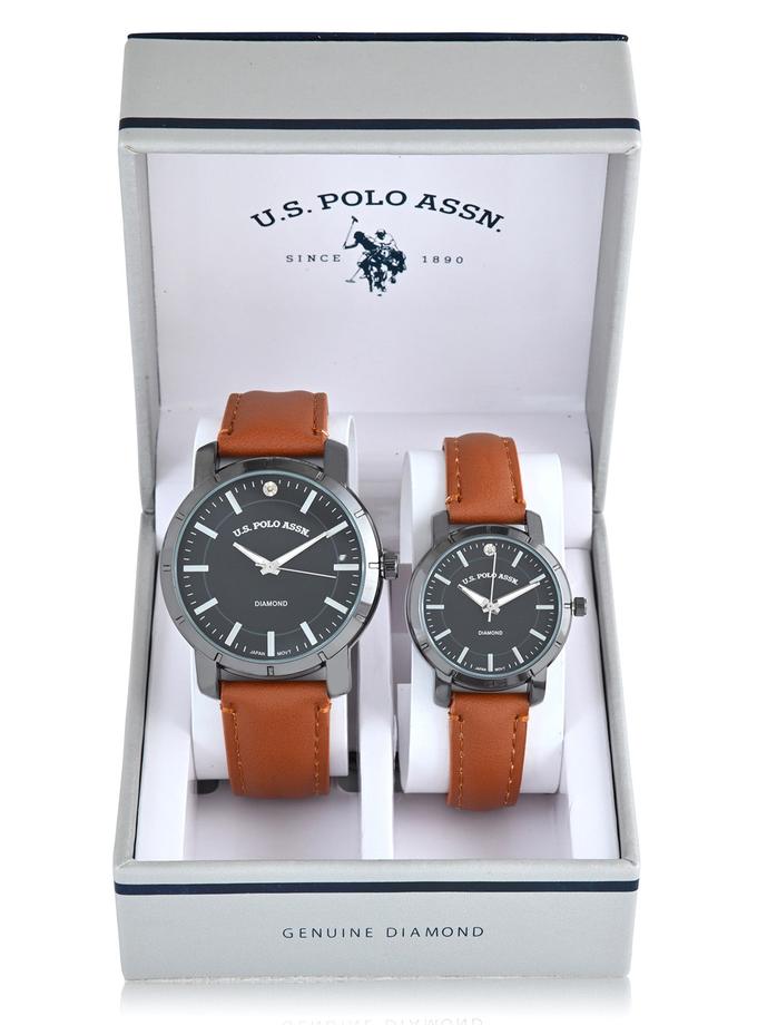 USPA HIS AND HERS BROWN STRAP WATCH SET Free shipping