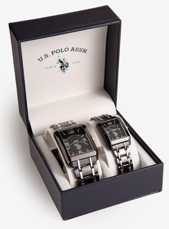 USPA HIS AND HERS GUN METAL RECTANGULAR WATCH SET Free shipping