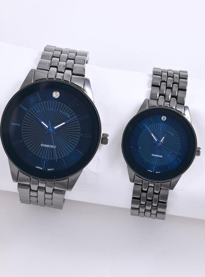 USPA HIS AND HERS GUNMETAL BLUE DIAMOND DIAL WATCH SET For Sale