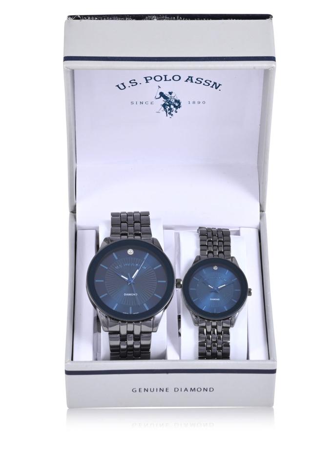 USPA HIS AND HERS GUNMETAL BLUE DIAMOND DIAL WATCH SET For Sale