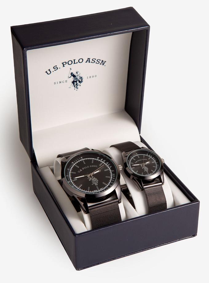 USPA HIS AND HERS GUNMETAL MESH BRACELET WATCH SET High Quality