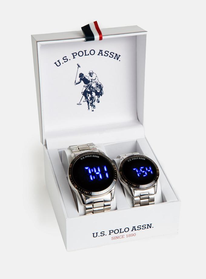 USPA HIS AND HERS SILVER BRACELET BLUE LED WATCH SET Best Buy