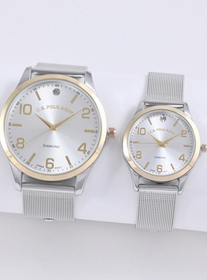 USPA HIS AND HERS SILVER & GOLD MESH WATCH SET For Sale