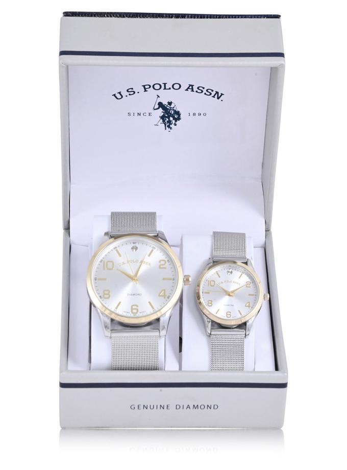 USPA HIS AND HERS SILVER & GOLD MESH WATCH SET For Sale