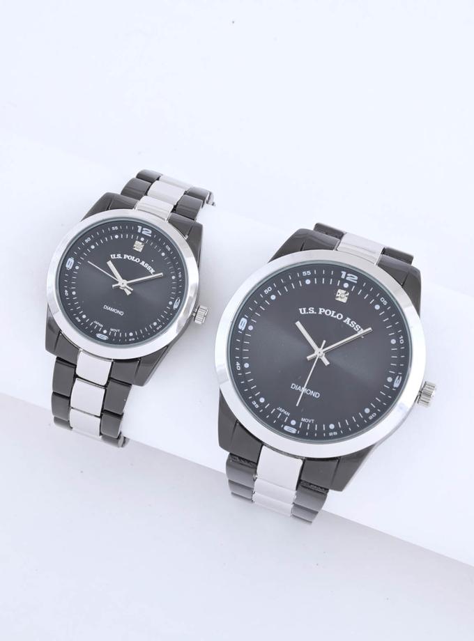 USPA HIS AND HERS SILVER LINK DIAMOND WATCH SET On Sale