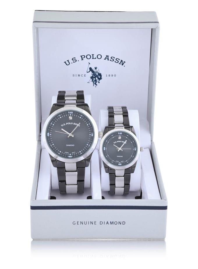 USPA HIS AND HERS SILVER LINK DIAMOND WATCH SET On Sale