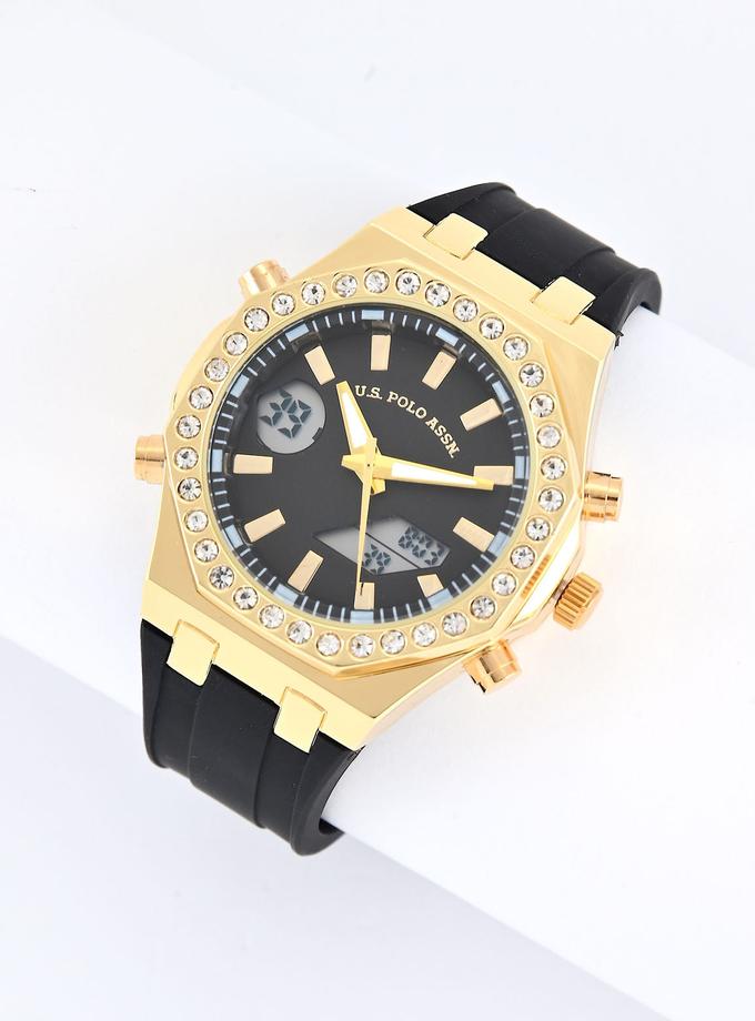 USPA LADIES BLACK AND GOLD EMBELLISHED ANA DIGI WATCH Same Day Delivery