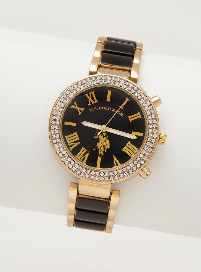 USPA LADIES GOLD AND BLACK ENAMEL LINK WATCH Same Day Delivery