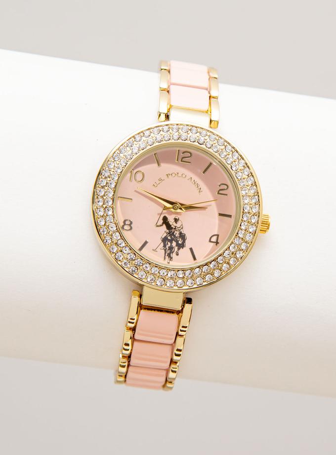 USPA LADIES GOLDTONE AND BLUSH ENAMEL LINK WATCH High Quality