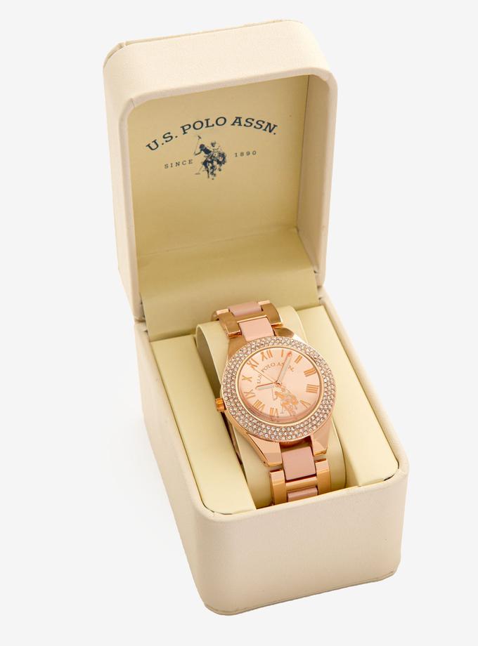 USPA LADIES GOLDTONE AND BLUSH ENAMEL LINK WATCH High Quality