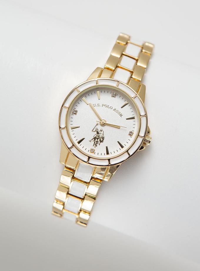 USPA Ladies Goldtone and White Enamel Bracelet Watch For Sale