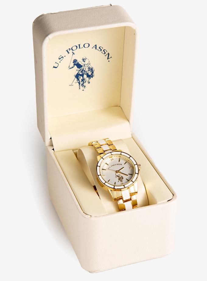 USPA Ladies Goldtone and White Enamel Bracelet Watch For Sale