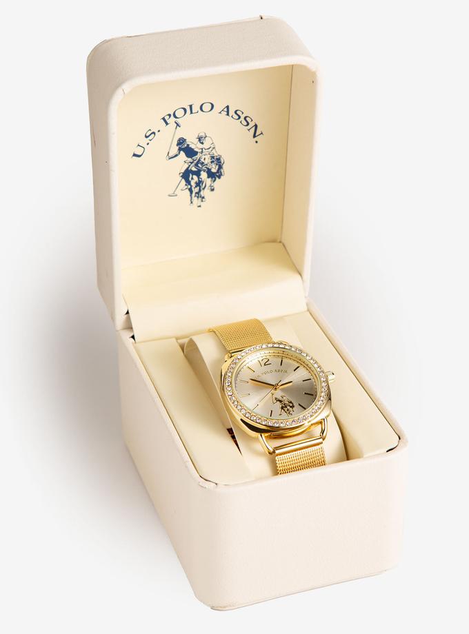 USPA Ladies Goldtone Mesh Watch with Crystal Accents High Quality