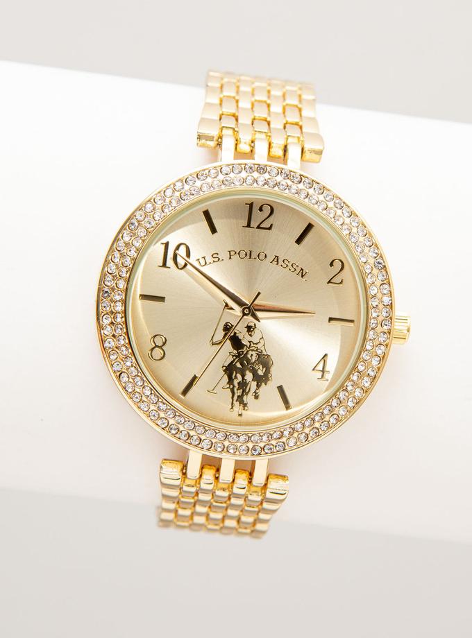 USPA LADIES GOLDTONE WATCH WITH CRYSTAL ENCRUSTED BEZEL High Quality