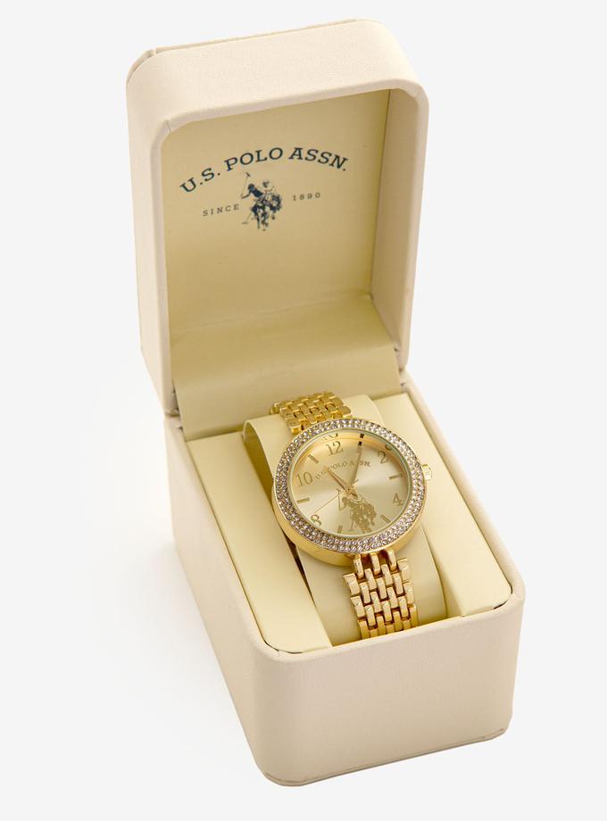 USPA LADIES GOLDTONE WATCH WITH CRYSTAL ENCRUSTED BEZEL High Quality