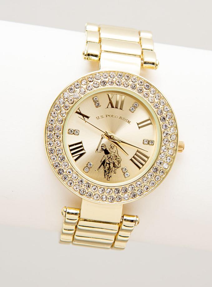 USPA LADIES GOLDTONE WATCH WITH CRYSTAL ENCRUSTED BEZEL On Sale