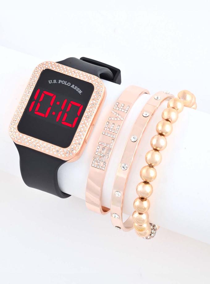 USPA LADIES LED SQUARE EMBELLISHED WATCH & BRACELETS SET Free shipping