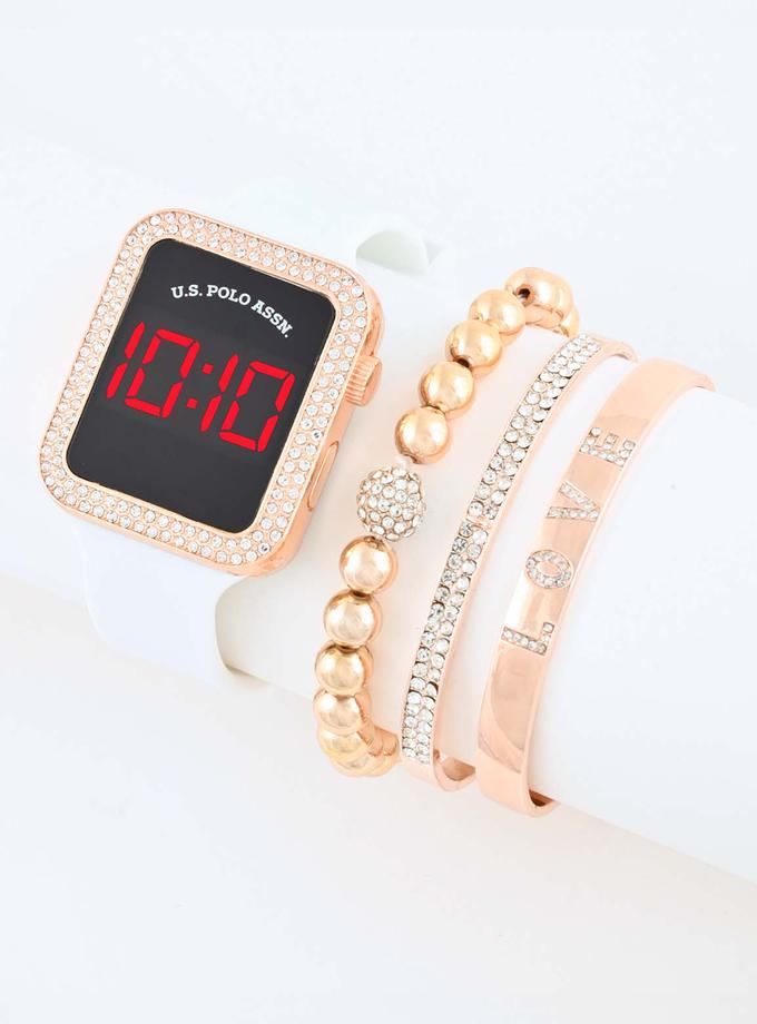 USPA LADIES LED SQUARE EMBELLISHED WATCH & BRACELETS SET High Quality