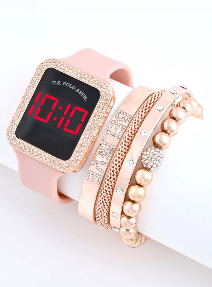 USPA LADIES LED SQUARE EMBELLISHED WATCH & BRACELETS SET New Arrival