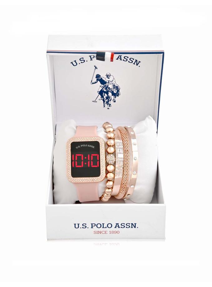 USPA LADIES LED SQUARE EMBELLISHED WATCH & BRACELETS SET New Arrival