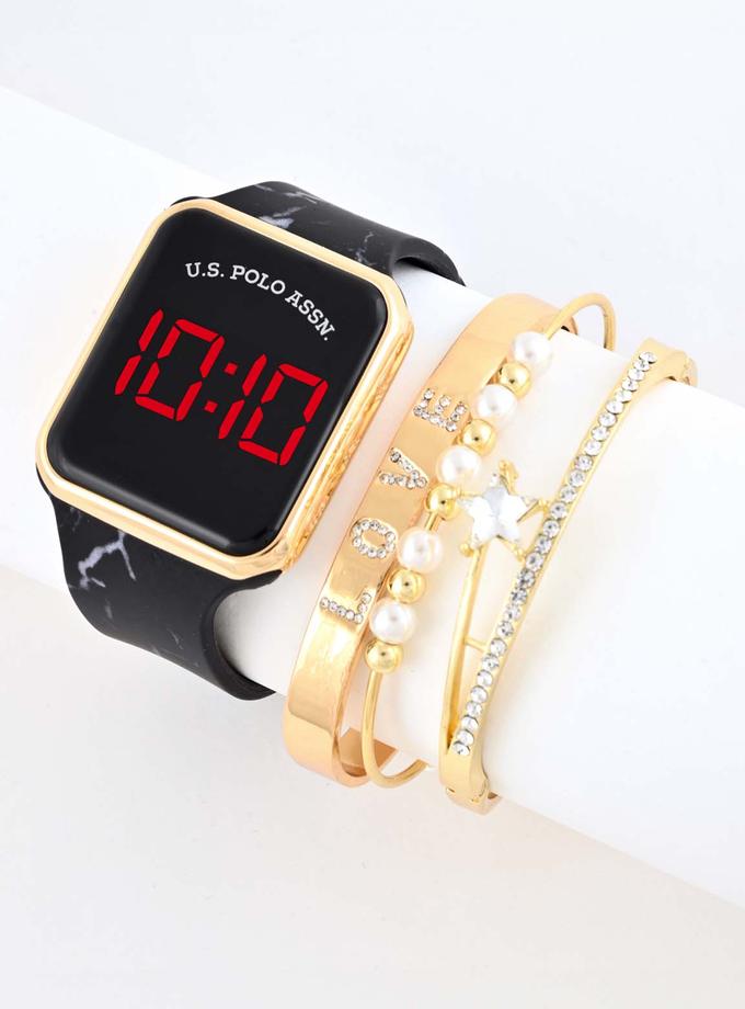 USPA LADIES LED SQUARE FACE WATCH & STACKABLE BRACELETS SET Best Buy