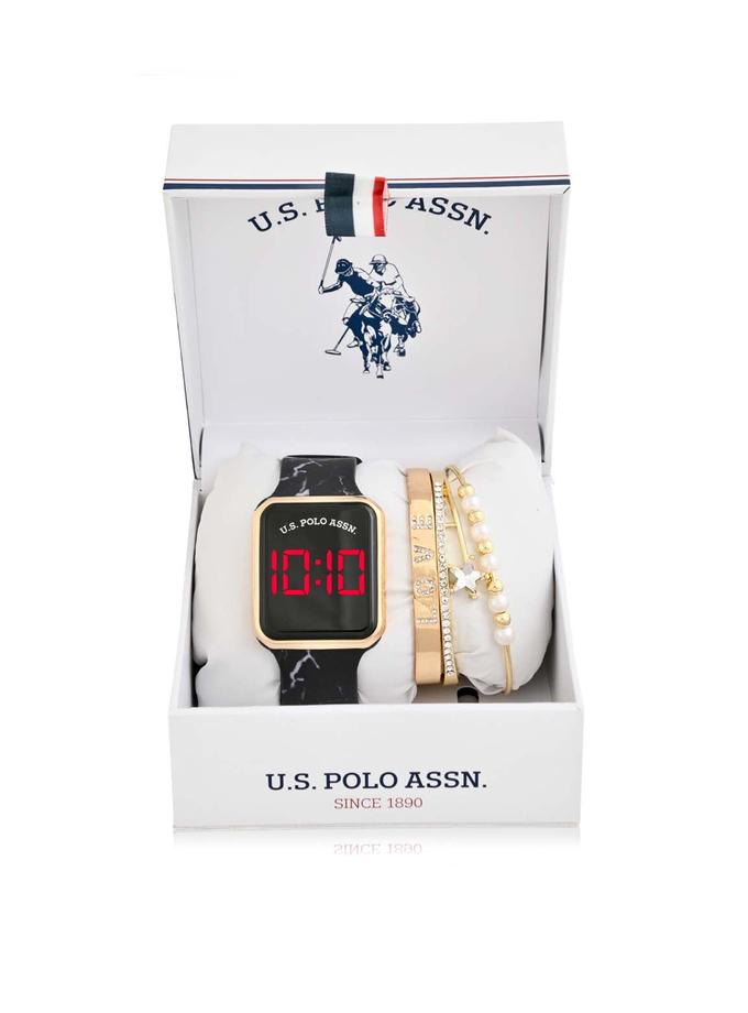 USPA LADIES LED SQUARE FACE WATCH & STACKABLE BRACELETS SET Best Buy