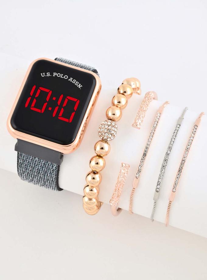 USPA LADIES LED SQUARE FACE WATCH & STACKABLE BRACELETS SET Best Price