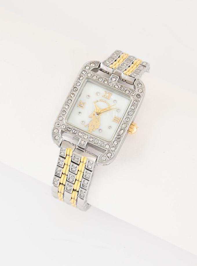 USPA LADIES RECTANGULAR TWO TONE CRYSTAL BRACELET WATCH Best Price