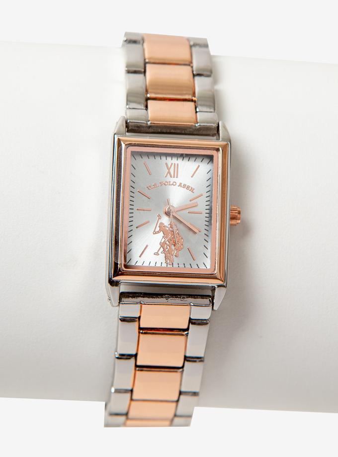 USPA LADIES RECTANGULAR TWO TONE ROSE BRACELET WATCH Free shipping