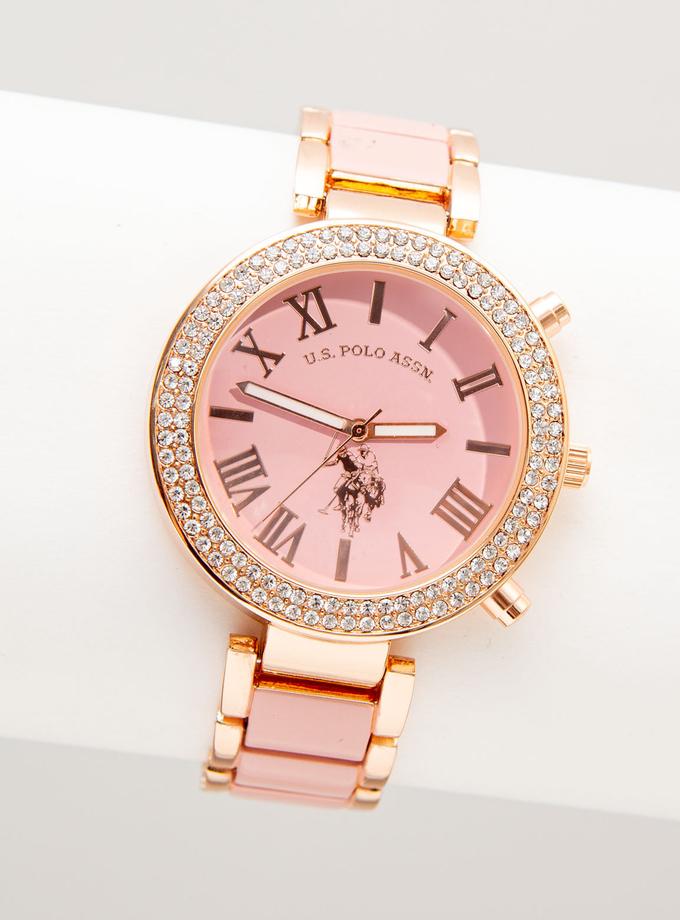 USPA LADIES ROSE GOLD AND BLUSH ENAMEL LINK WATCH Best Buy