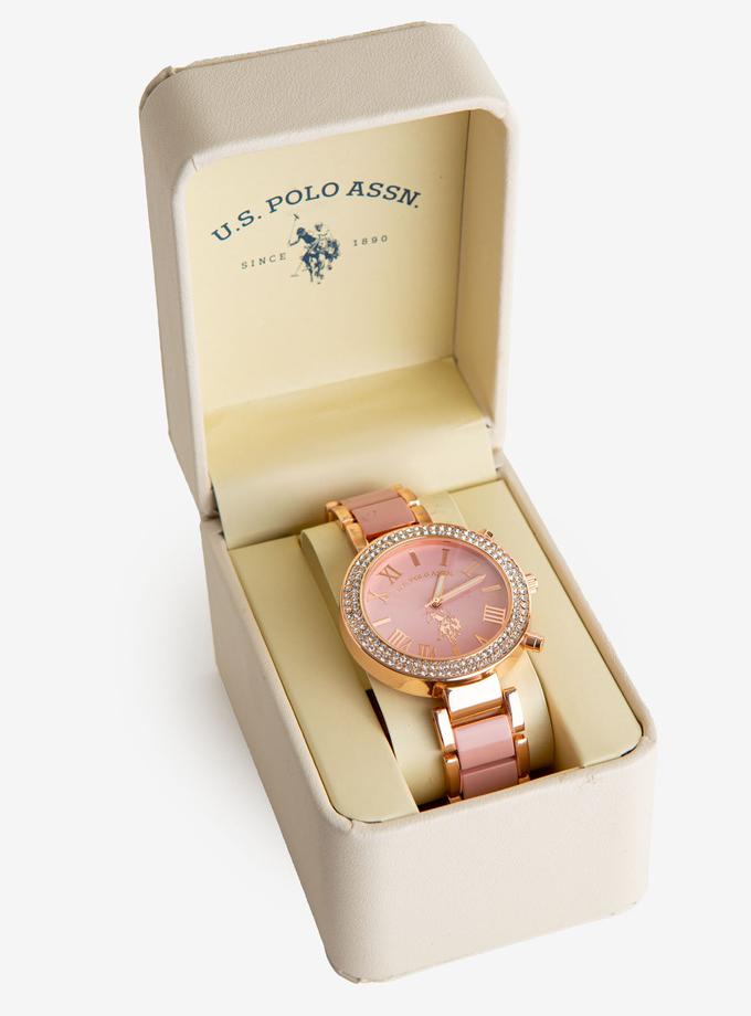 USPA LADIES ROSE GOLD AND BLUSH ENAMEL LINK WATCH Best Buy