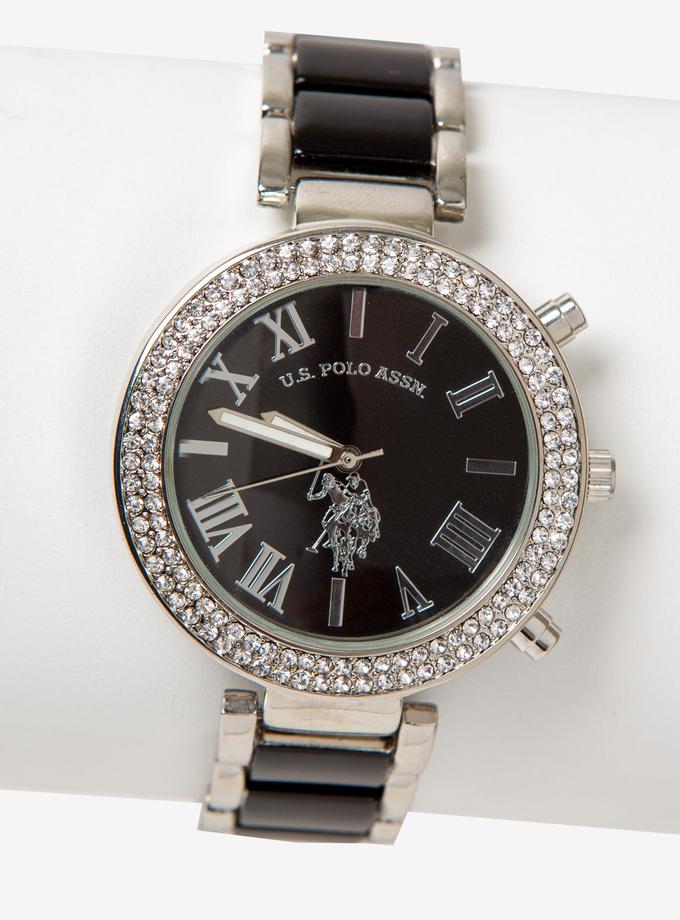 USPA LADIES SILVER BLACK LINK WATCH WITH STONES Free shipping